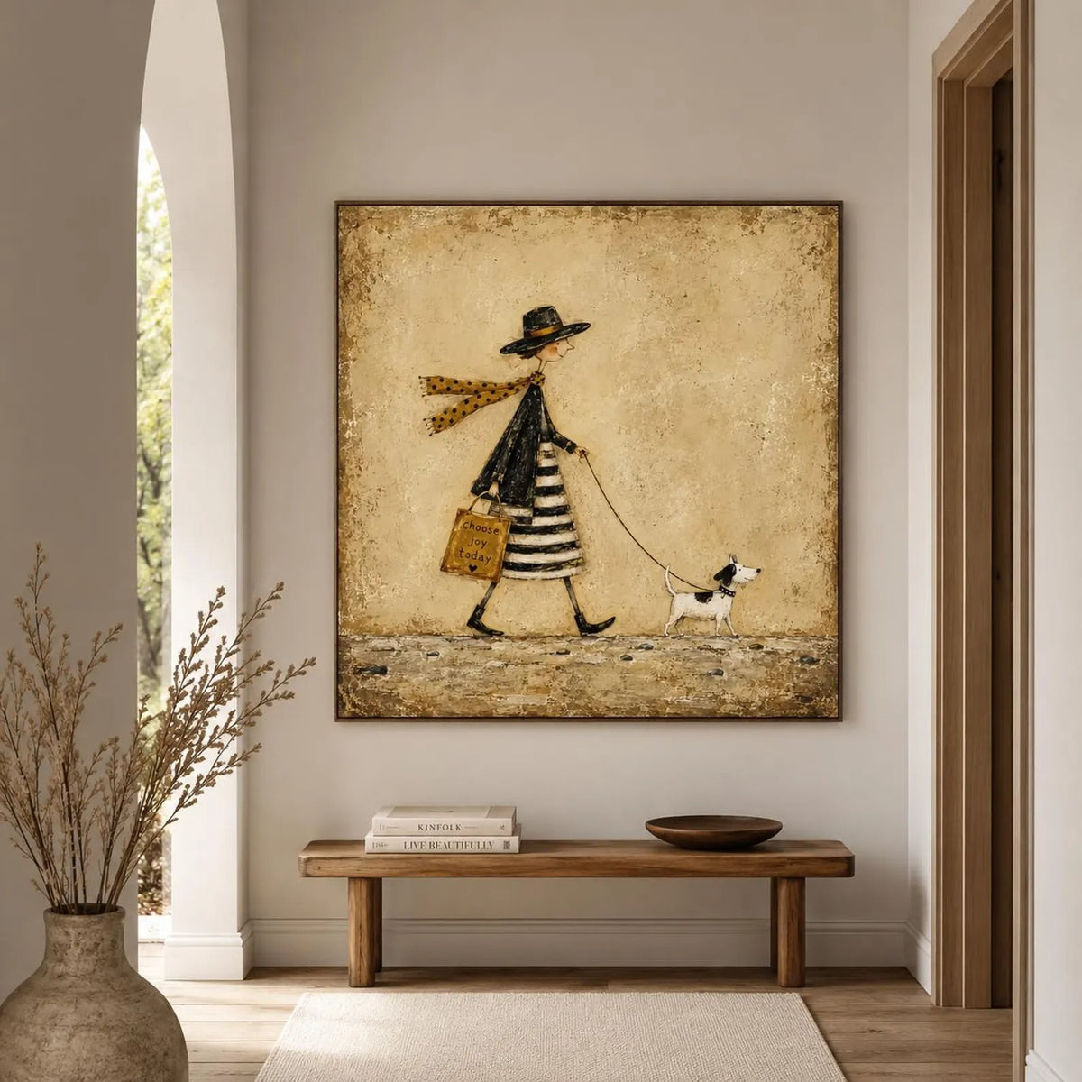 A slender woman in a black hat and striped skirt walking a small black-and-white dog against a warm beige background, shown in room setting 1.