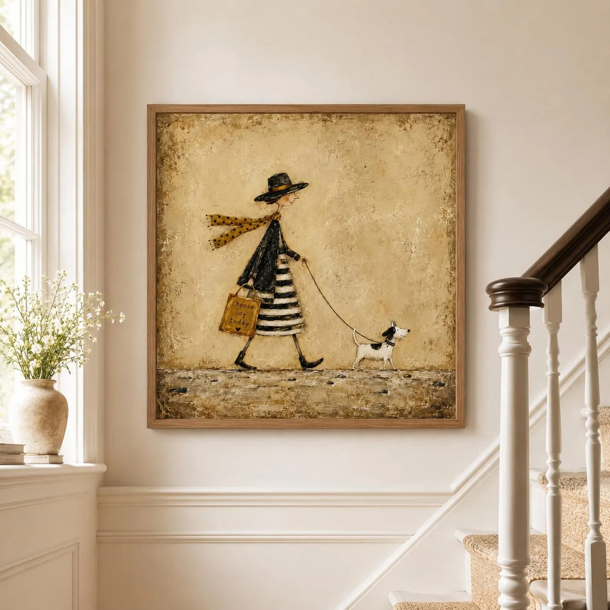 A slender woman in a black hat and striped skirt walking a small black-and-white dog against a warm beige background, shown in room setting 5.