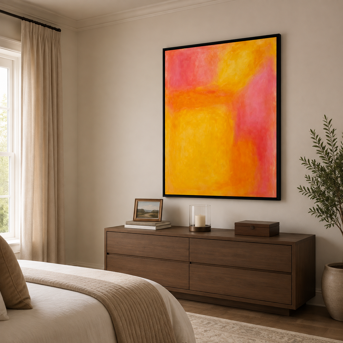 Orange and golden yellow abstract color fields with soft coral pink edges, shown from an angle in a bedroom.