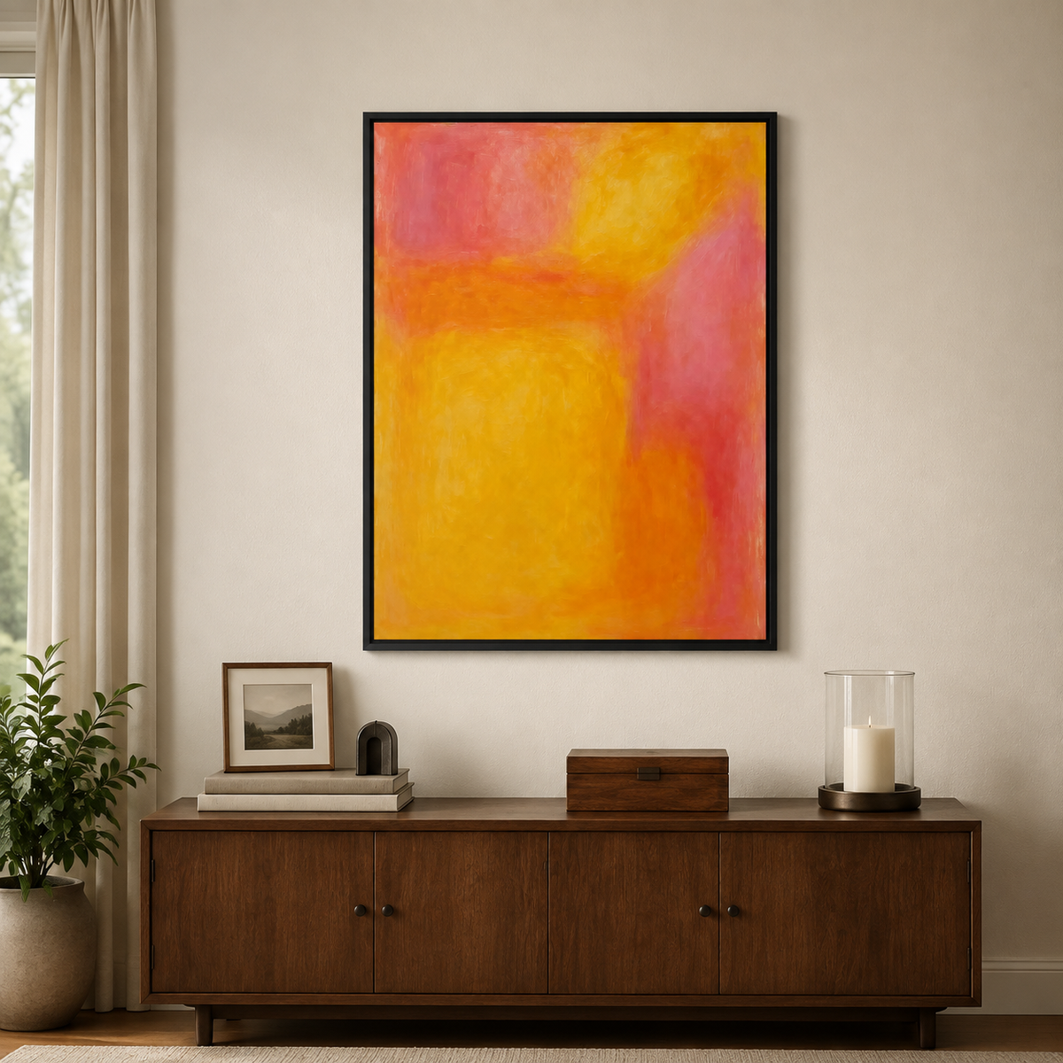 Orange and golden yellow abstract color fields with soft coral pink edges, in a dining room.
