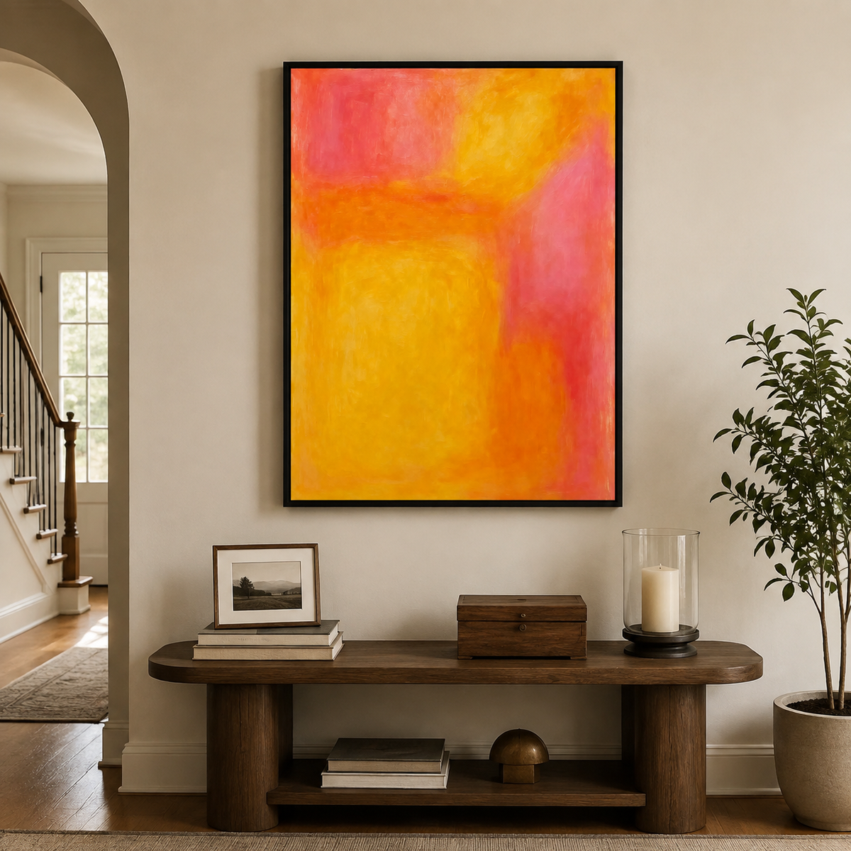 Orange and golden yellow abstract color fields with soft coral pink edges, in an entryway.
