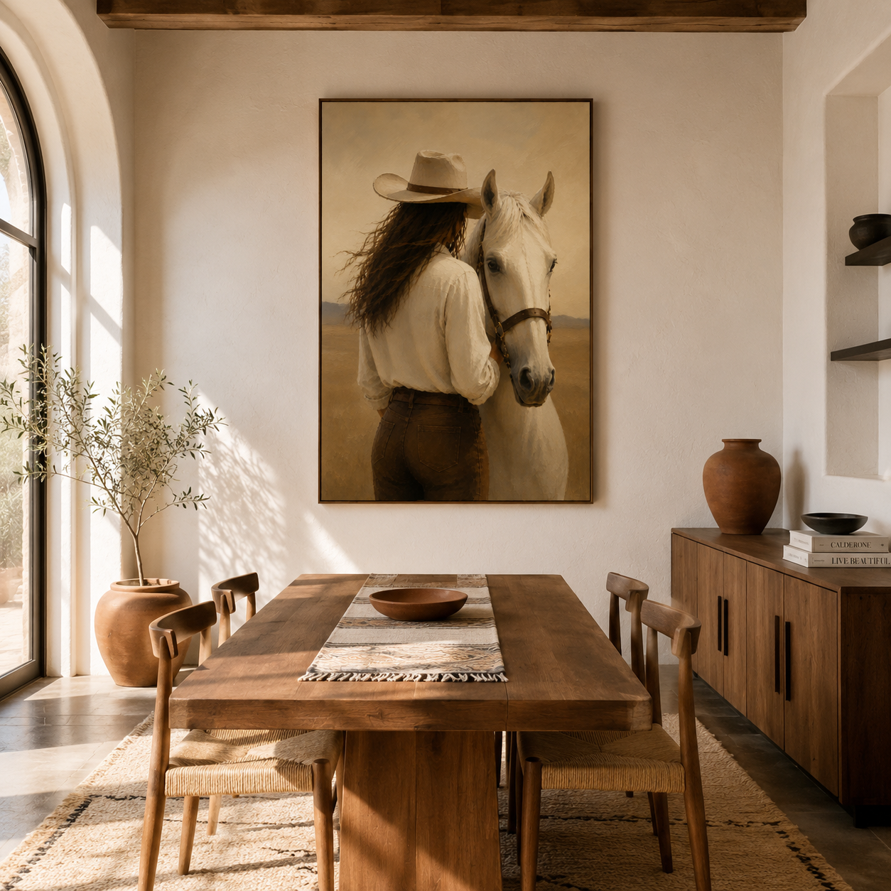 White horse wall art with Western cowgirl in a neutral landscape