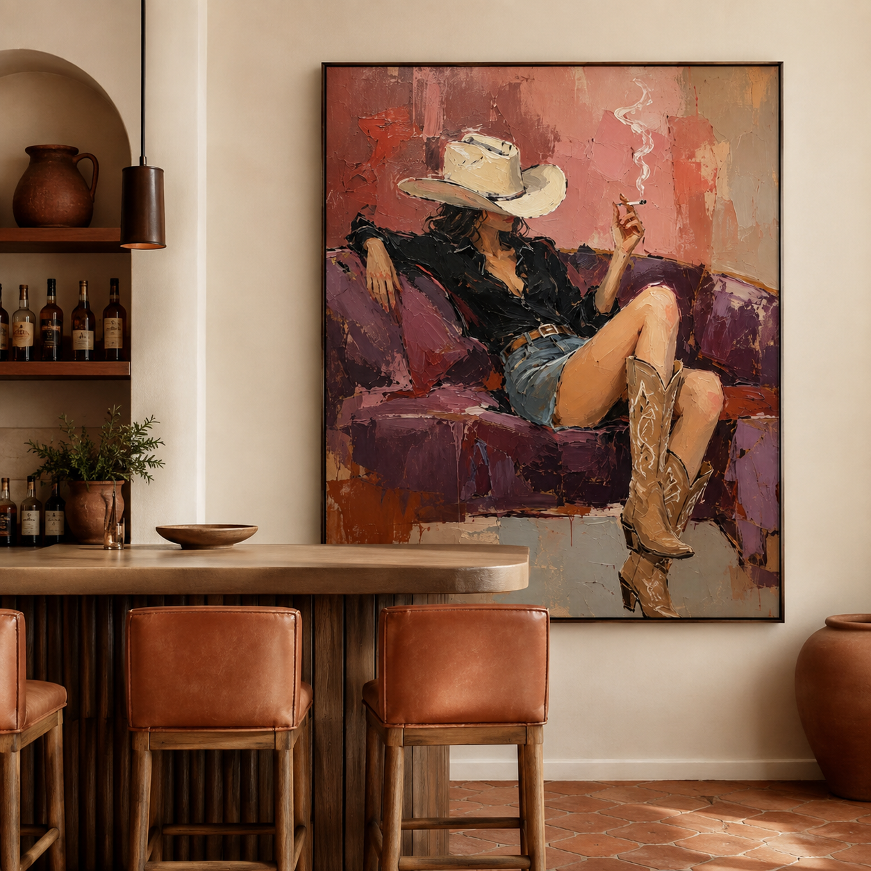 Western fashion wall art with cowboy boots and wide brim hat