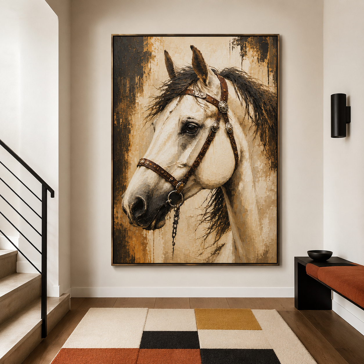 Western horse wall art featuring a white horse with dark mane