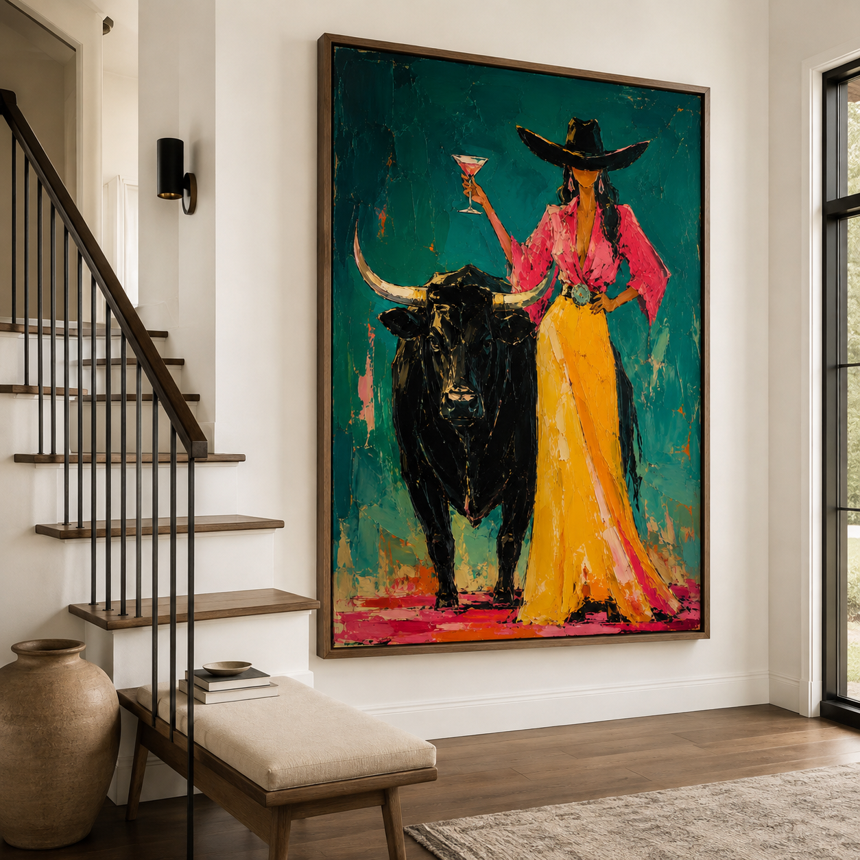 Western woman and Texas longhorn textured wall painting