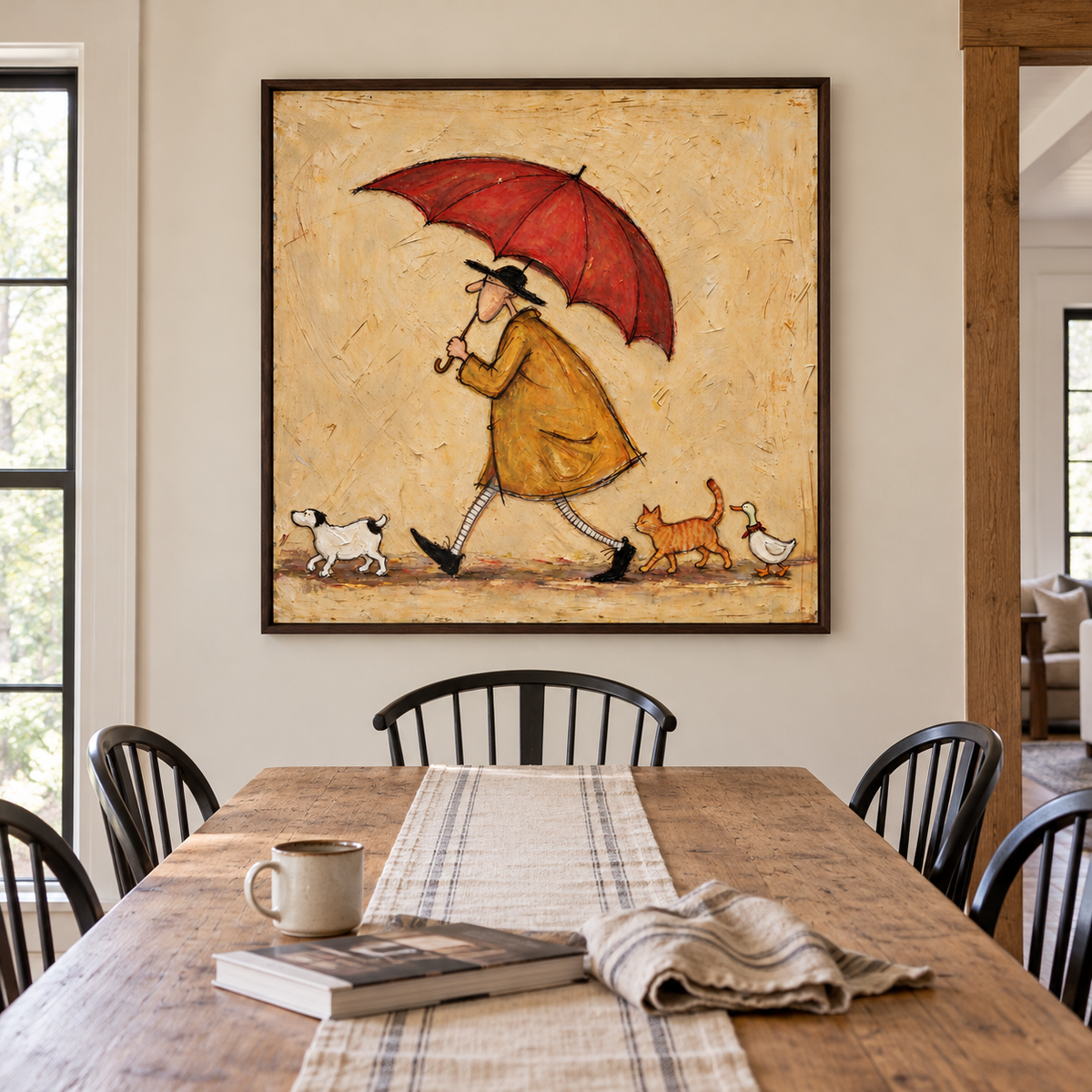 A long-nosed man in an ochre coat walking beneath a red umbrella with a small white dog, an orange cat and a white bird on a pale beige background, shown in room setting 2.