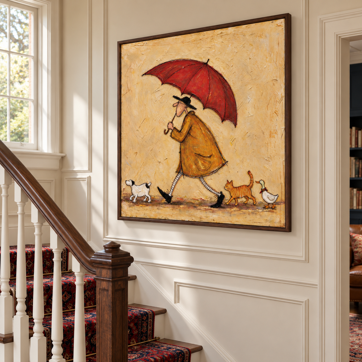 A long-nosed man in an ochre coat walking beneath a red umbrella with a small white dog, an orange cat and a white bird on a pale beige background, shown in room setting 4.