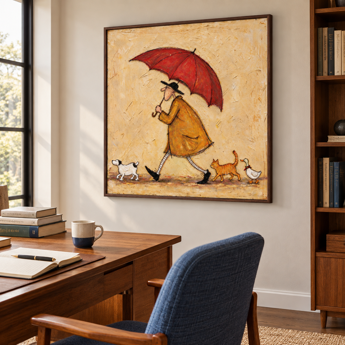 A long-nosed man in an ochre coat walking beneath a red umbrella with a small white dog, an orange cat and a white bird on a pale beige background, shown in room setting 5.
