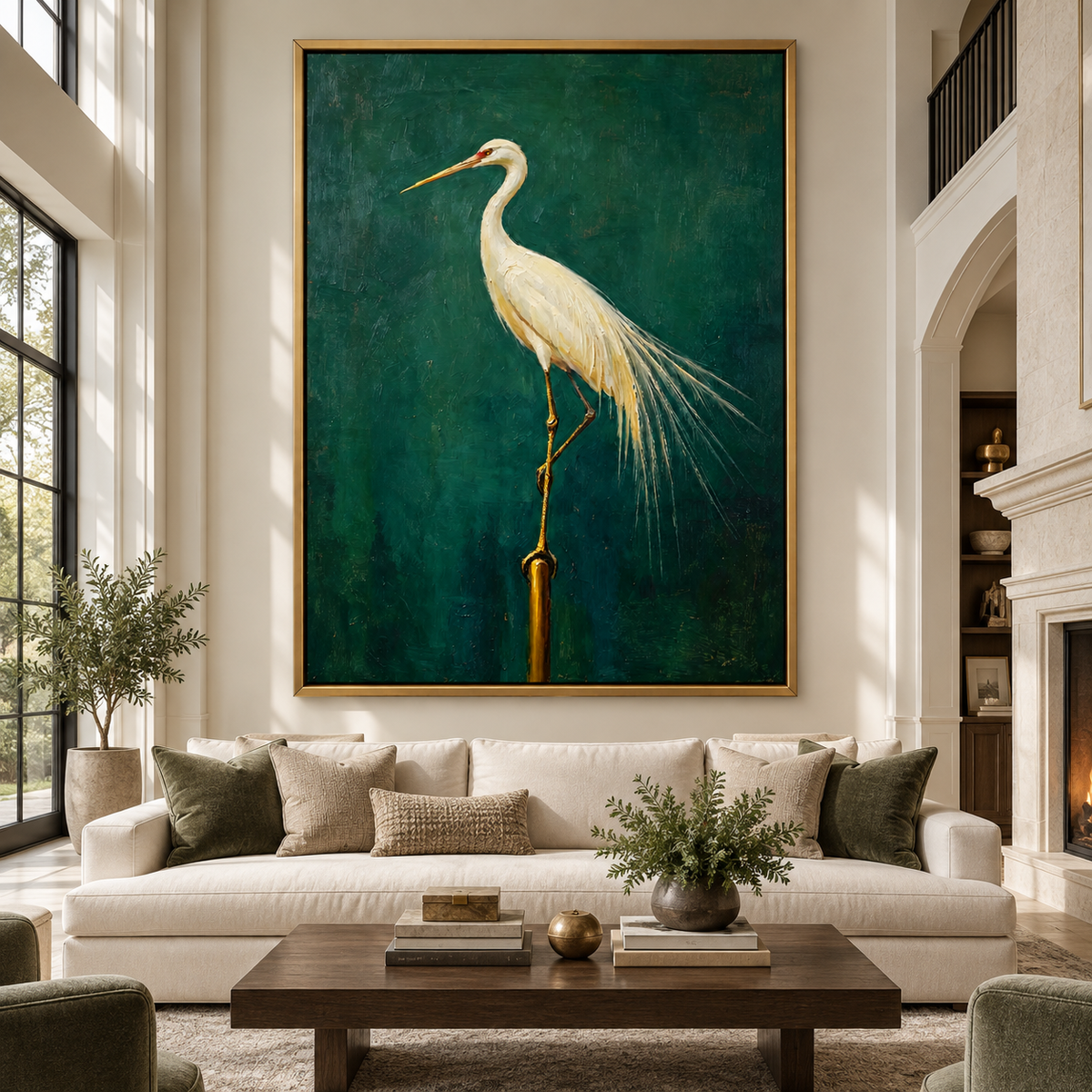 White egret with long trailing feathers perched against a deep green background, in a large living room.