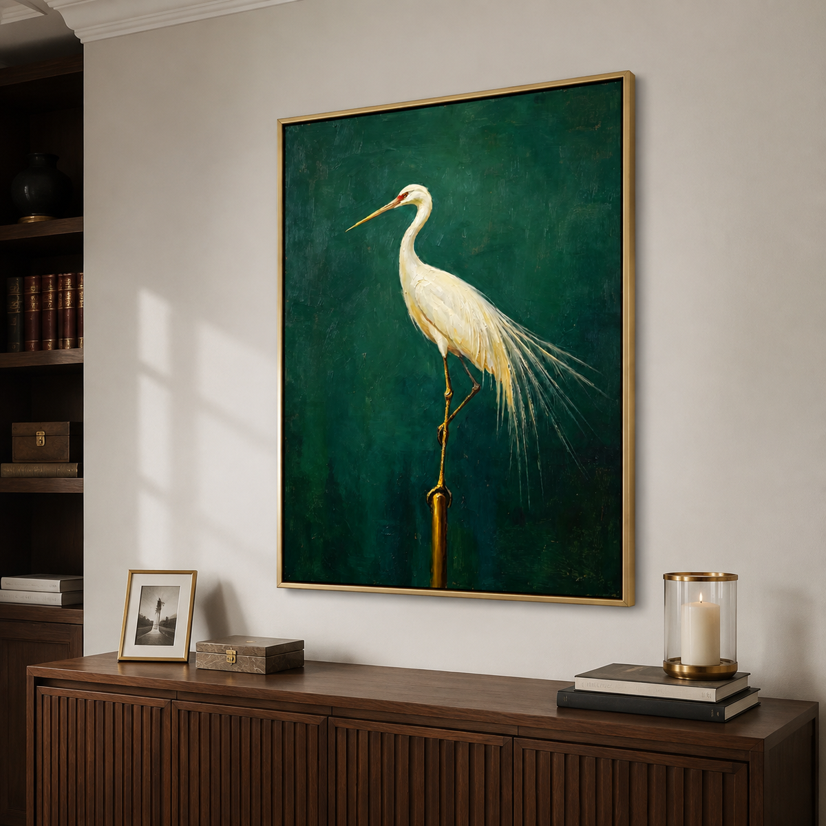 White egret with long trailing feathers perched against a deep green background, shown from an angle in a study.