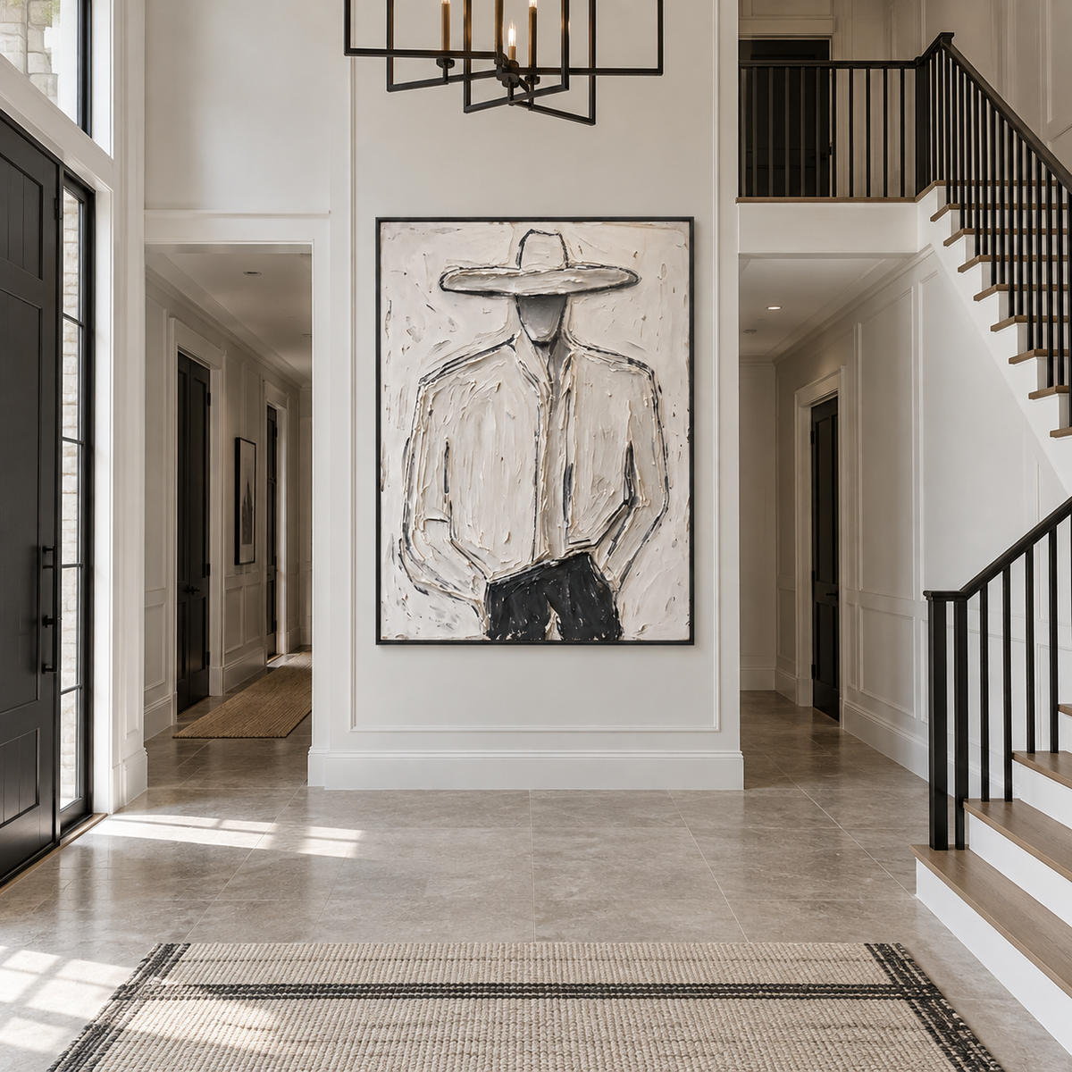 A faceless cowboy in a pale wide-brimmed hat and light shirt with dark trousers against an off-white background, shown in a black white entryway.