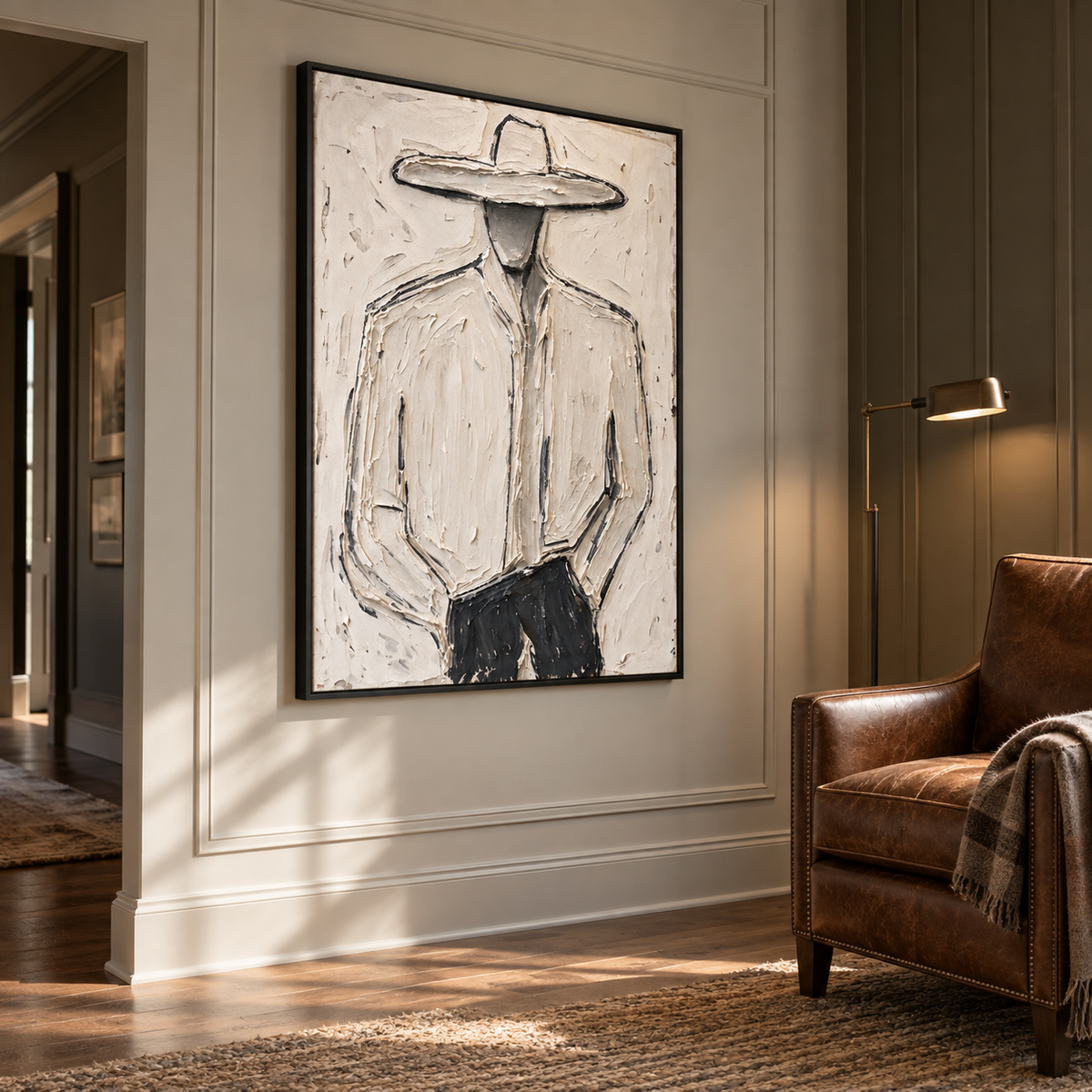 A faceless cowboy in a pale wide-brimmed hat and light shirt with dark trousers against an off-white background, shown from an angle in the room.