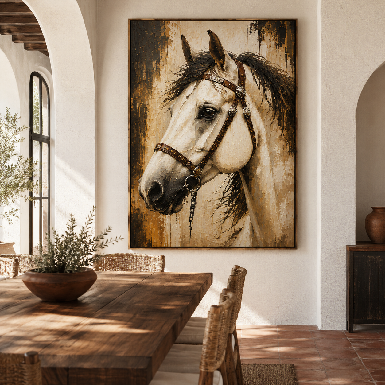 Hand-painted white horse wall art in warm neutral earth tones