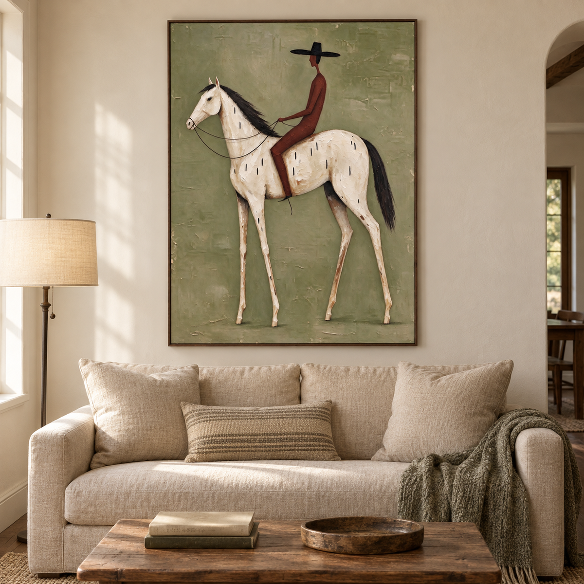 A rust-red rider in a black hat on a white horse against an olive green background, in a relaxed living room.