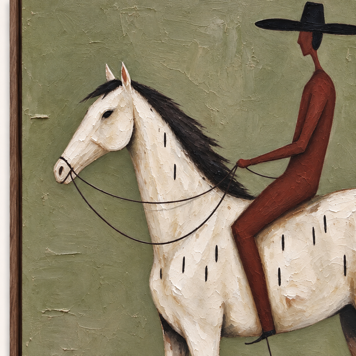 A rust-red rider in a black hat on a white horse against an olive green background, close-up of the painted composition.