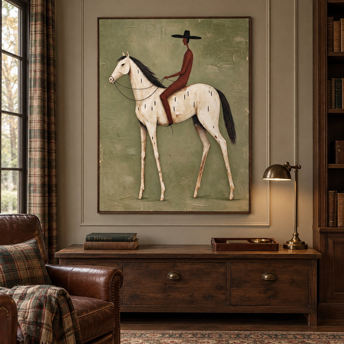 A rust-red rider in a black hat on a white horse against an olive green background, in a ranch-style study.
