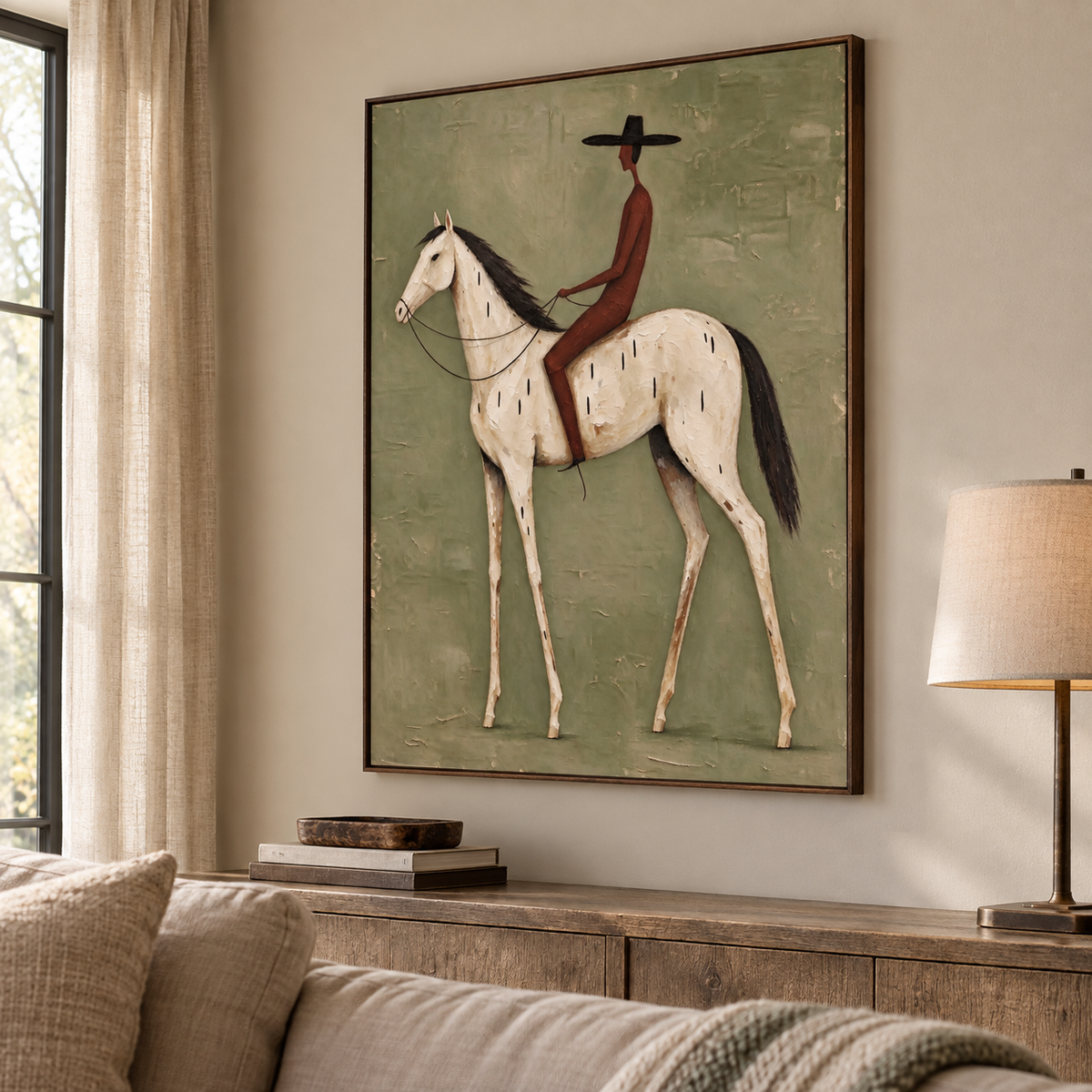 A rust-red rider in a black hat on a white horse against an olive green background, shown from an angle in the room.
