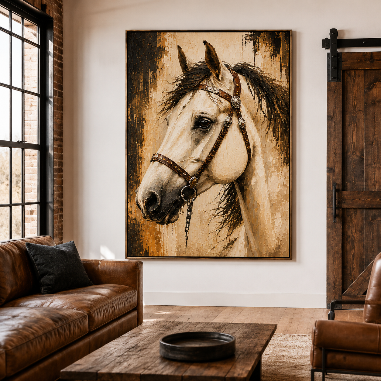 White horse wall art featuring a close-up equestrian portrait