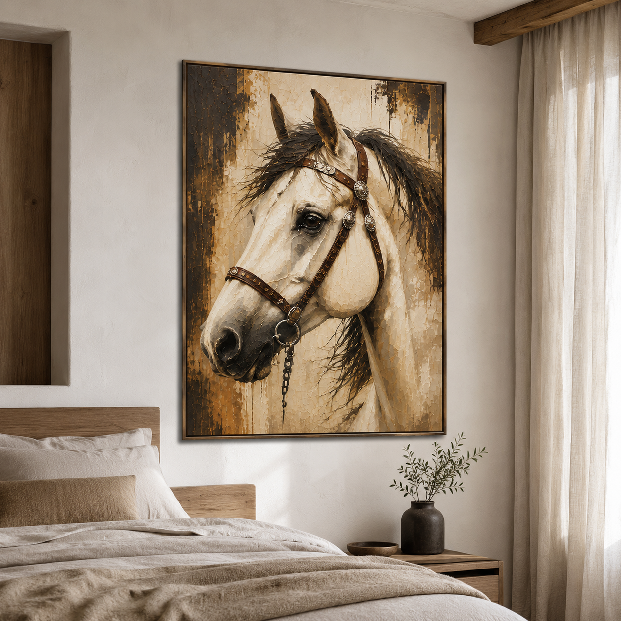 Western white horse portrait painting with leather bridle