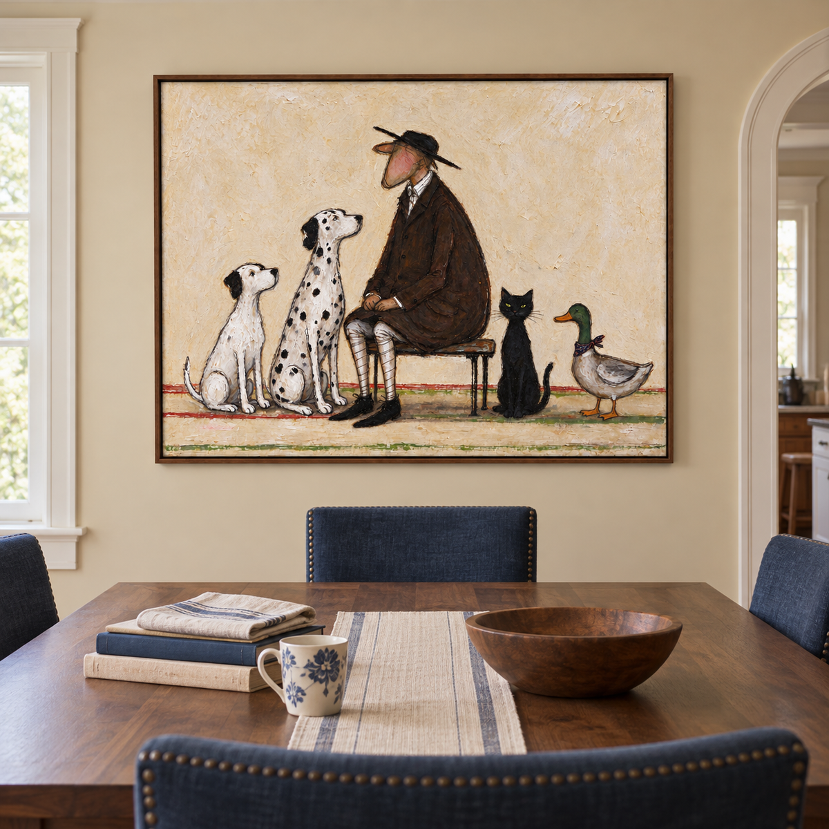 A seated man in a brown coat and black hat surrounded by two white dogs, a black cat and a duck on a pale beige background, shown in room setting 1.
