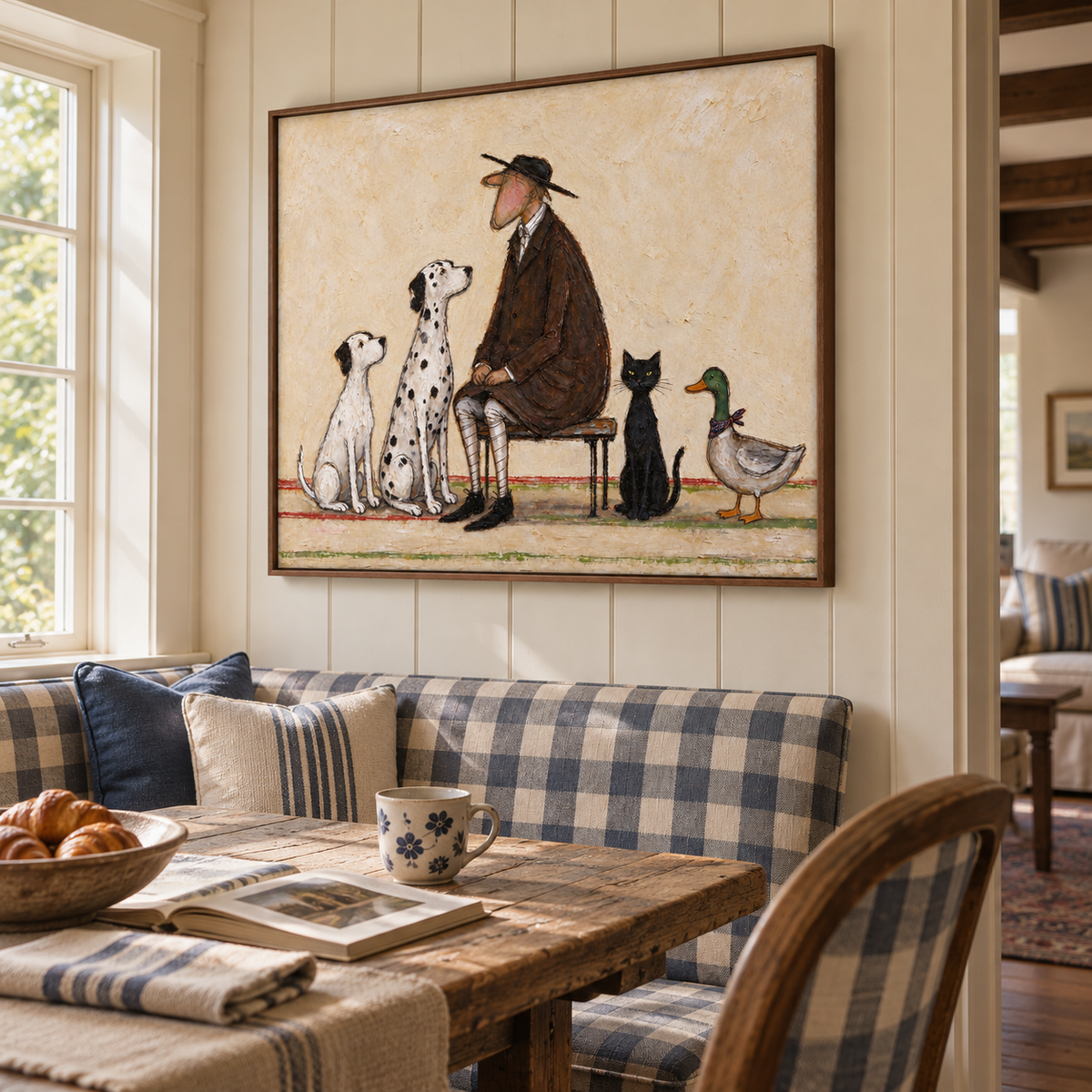 A seated man in a brown coat and black hat surrounded by two white dogs, a black cat and a duck on a pale beige background, shown in room setting 4.