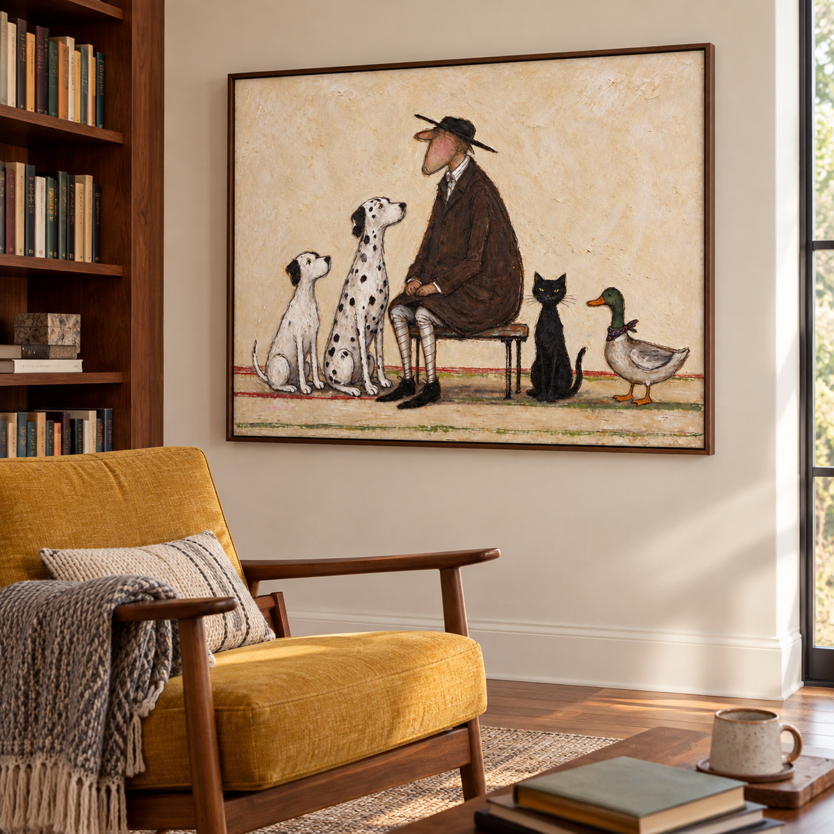 A seated man in a brown coat and black hat surrounded by two white dogs, a black cat and a duck on a pale beige background, shown in room setting 5.