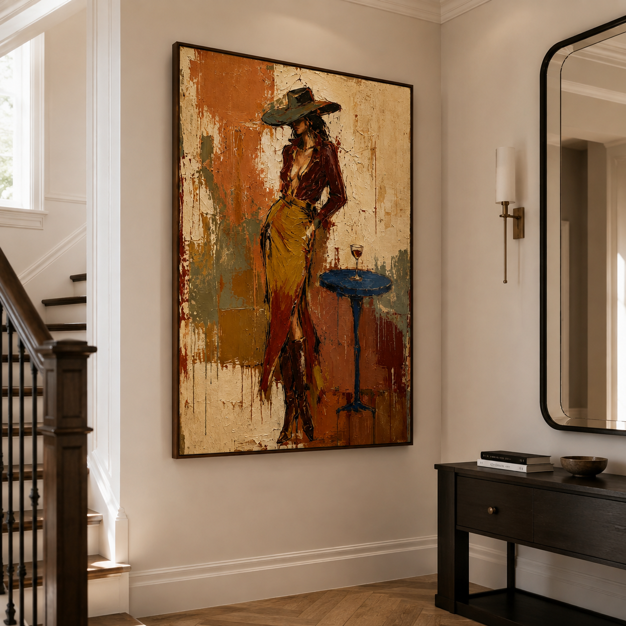 Wine lover painting featuring a woman in a wide brim Western hat