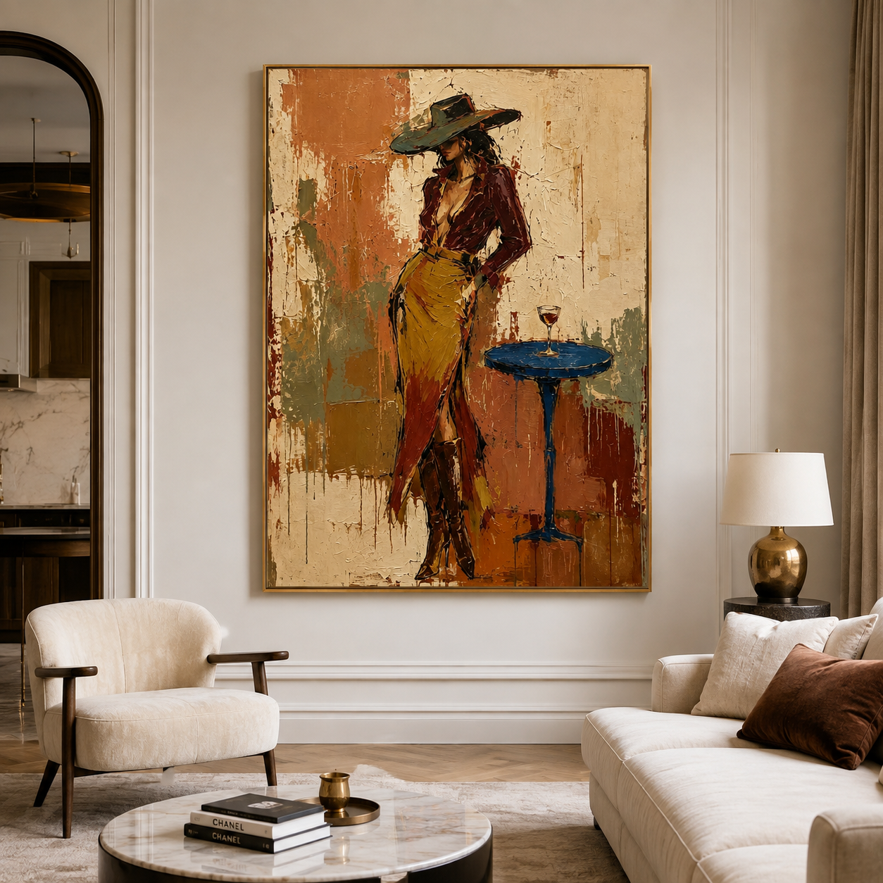Wine lover wall art featuring a Western woman and red wine