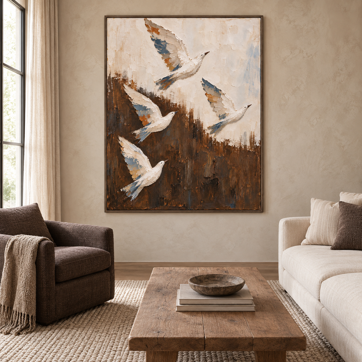 Four white birds rising across a cream and deep brown background with small blue and ochre wing accents, in a Belgian-inspired modern living room.