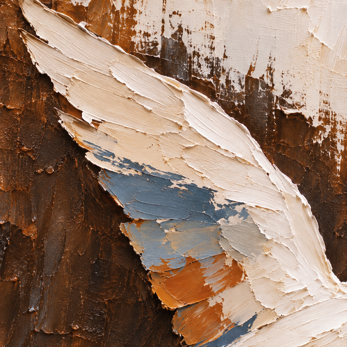 Four white birds rising across a cream and deep brown background with small blue and ochre wing accents, close-up of a white wing with blue and ochre accents.